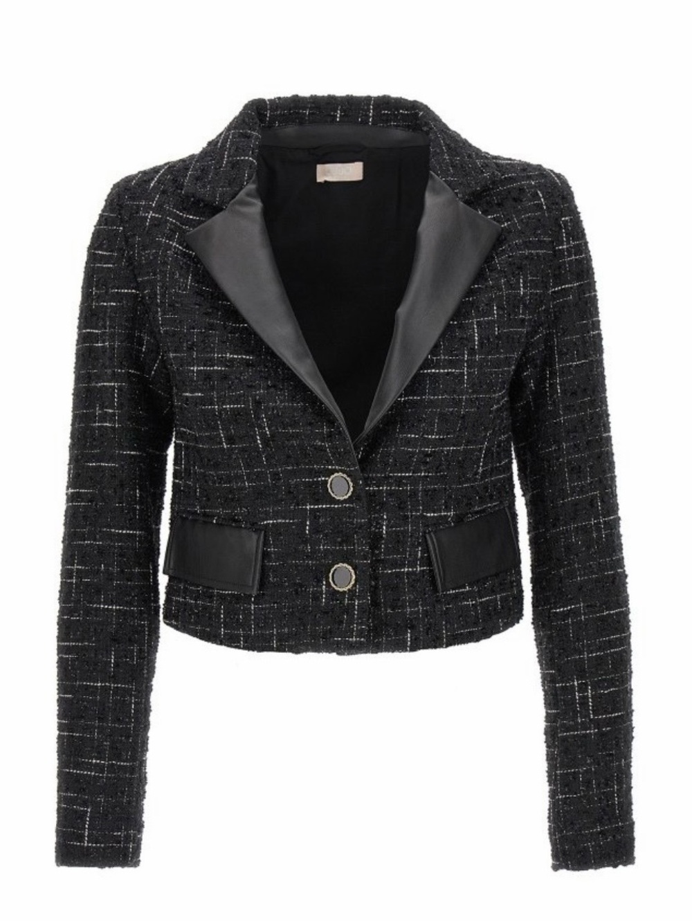Liu Jo Black Tweed Cropped Blazer with Faux-Leather Trim,pre-owned,SZ6